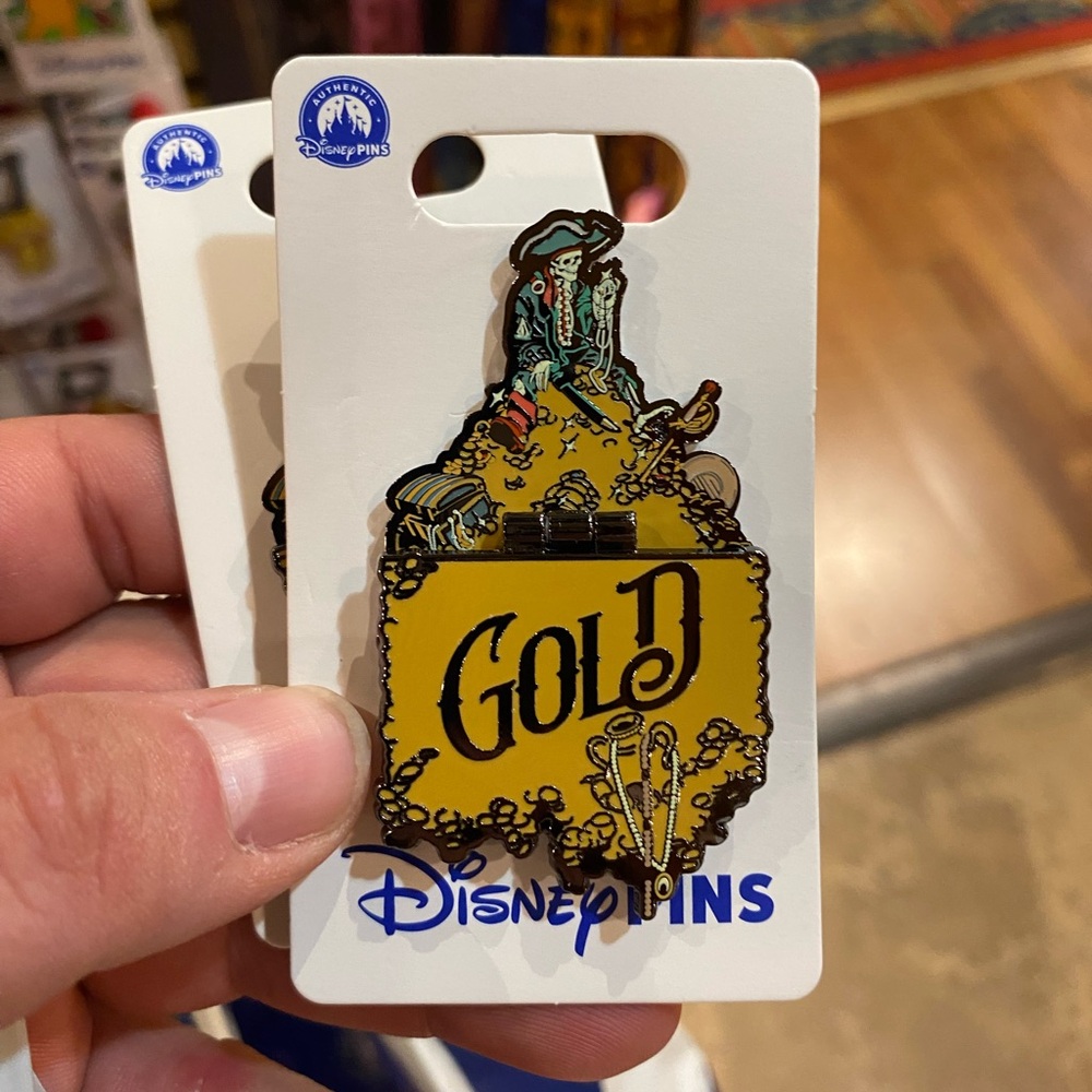 2025 Disney Parks Pirates Of The Caribbean Treasure Skeleton Gold Tri Fold Pin